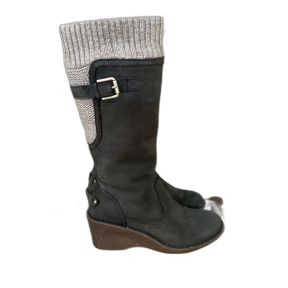 Ugg Skyfall Boots Women's Size 6 black gray leather wool  /sock Buckle wedge - Picture 3 of 13